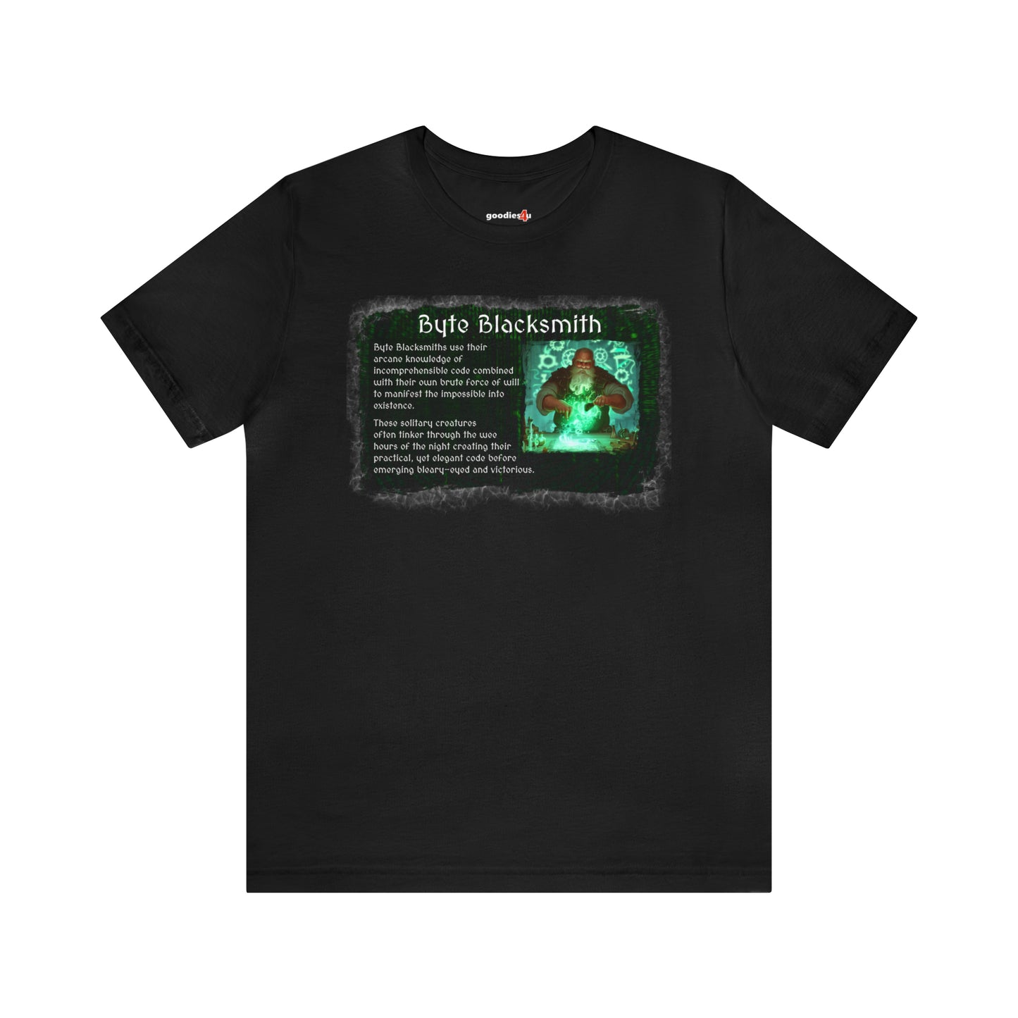 A black t shirt the text "Byte Blacksmith" on it. The primary graphic appears weathered and has an image of a bald dwarf with a great white beard in a workshop creating with magic. The RPG-style character description of a software developer as a Byte Blacksmith appears next to the image.