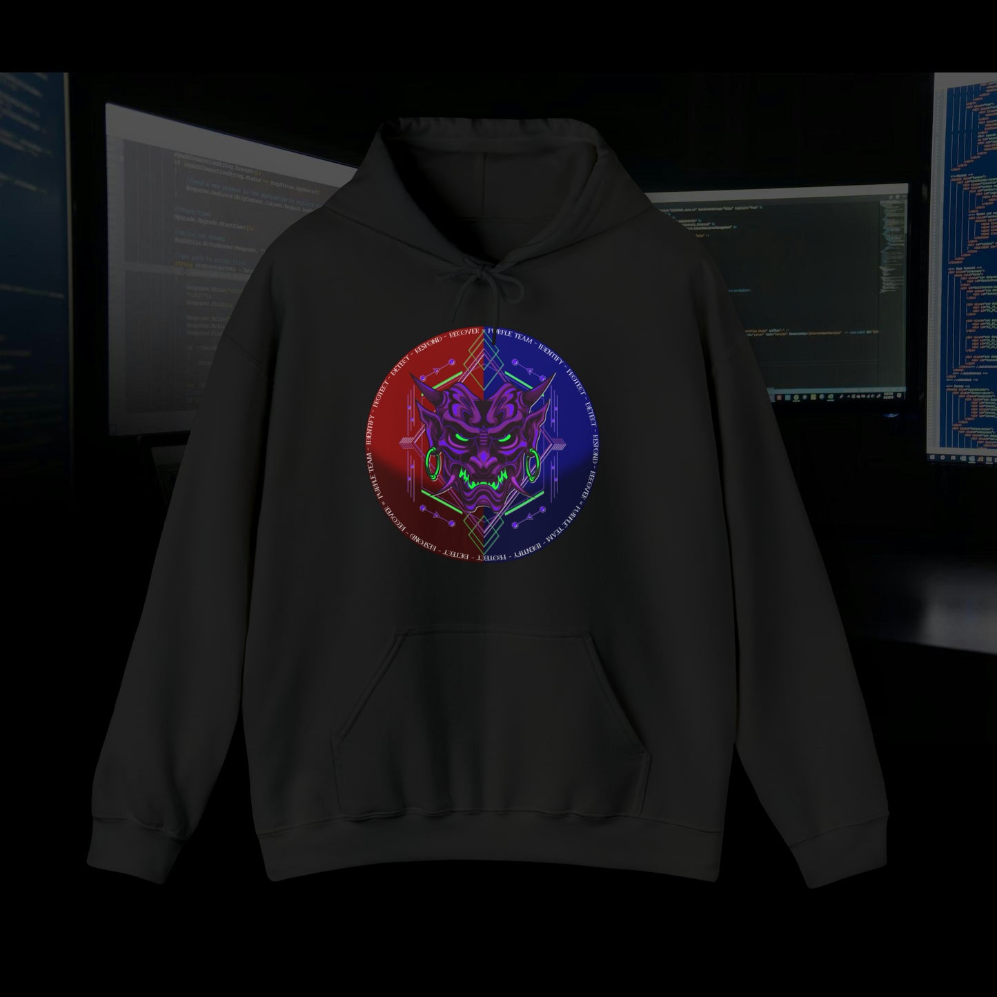 Black hoodie with a purple oni demon mask in a red and blue circular background. White text around the circle "Identify, Protect, Detect, Respond, Recover" cybersecurity framework.