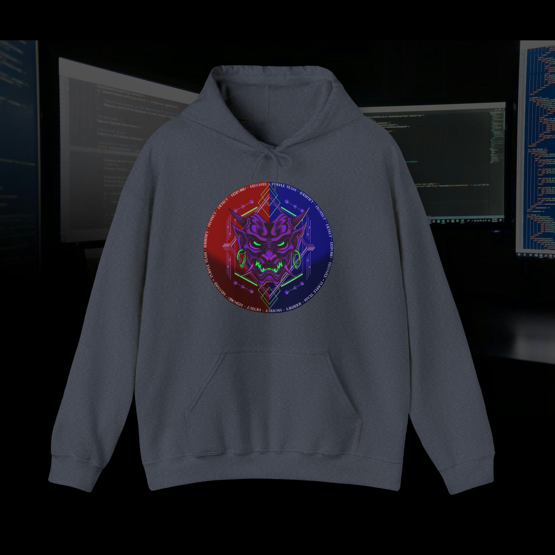 Heather navy hoodie with a purple oni demon mask in a red and blue circular background. White text around the circle "Identify, Protect, Detect, Respond, Recover" cybersecurity framework.