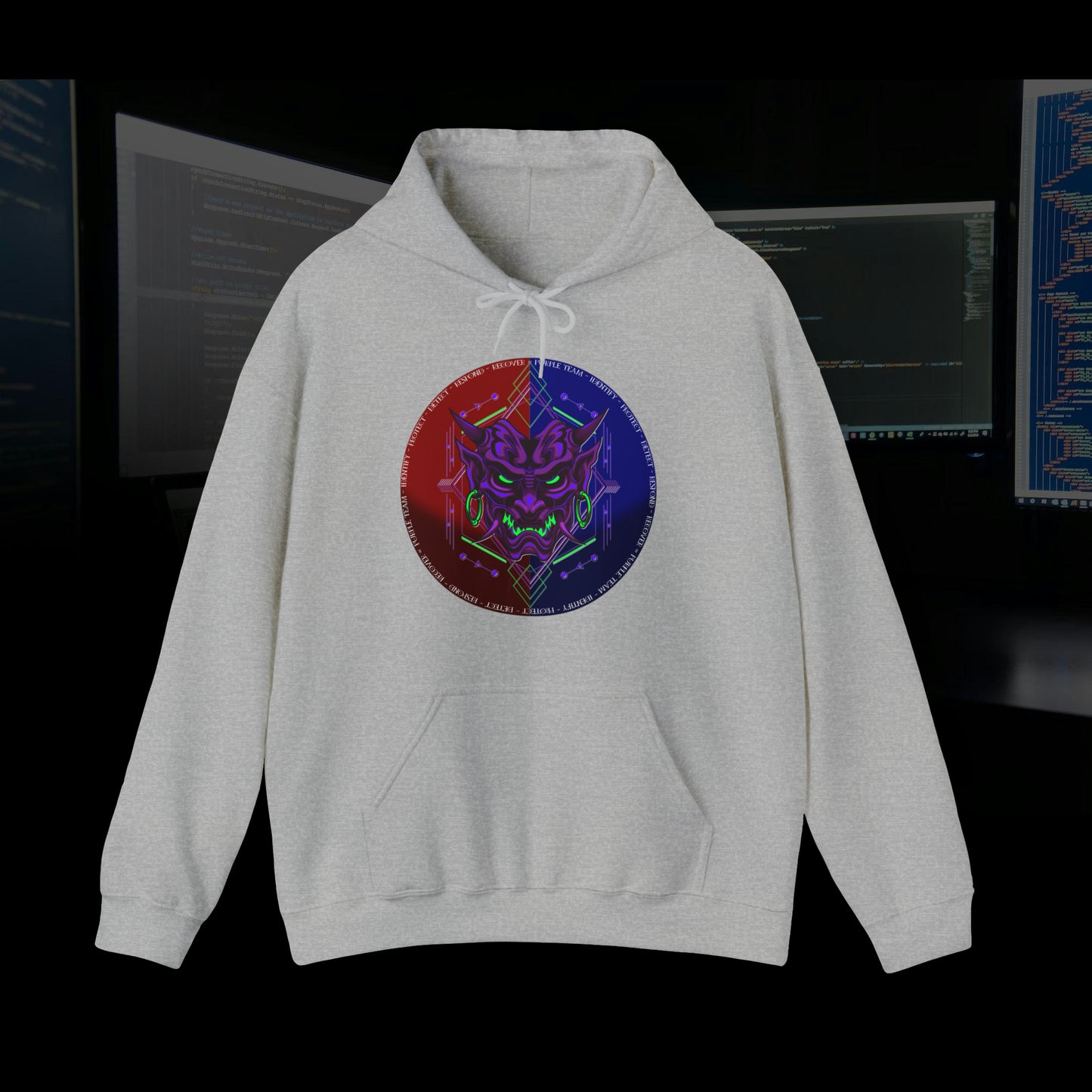 Light grey hoodie with a purple oni demon mask in a red and blue circular background. White text around the circle "Identify, Protect, Detect, Respond, Recover" cybersecurity framework.