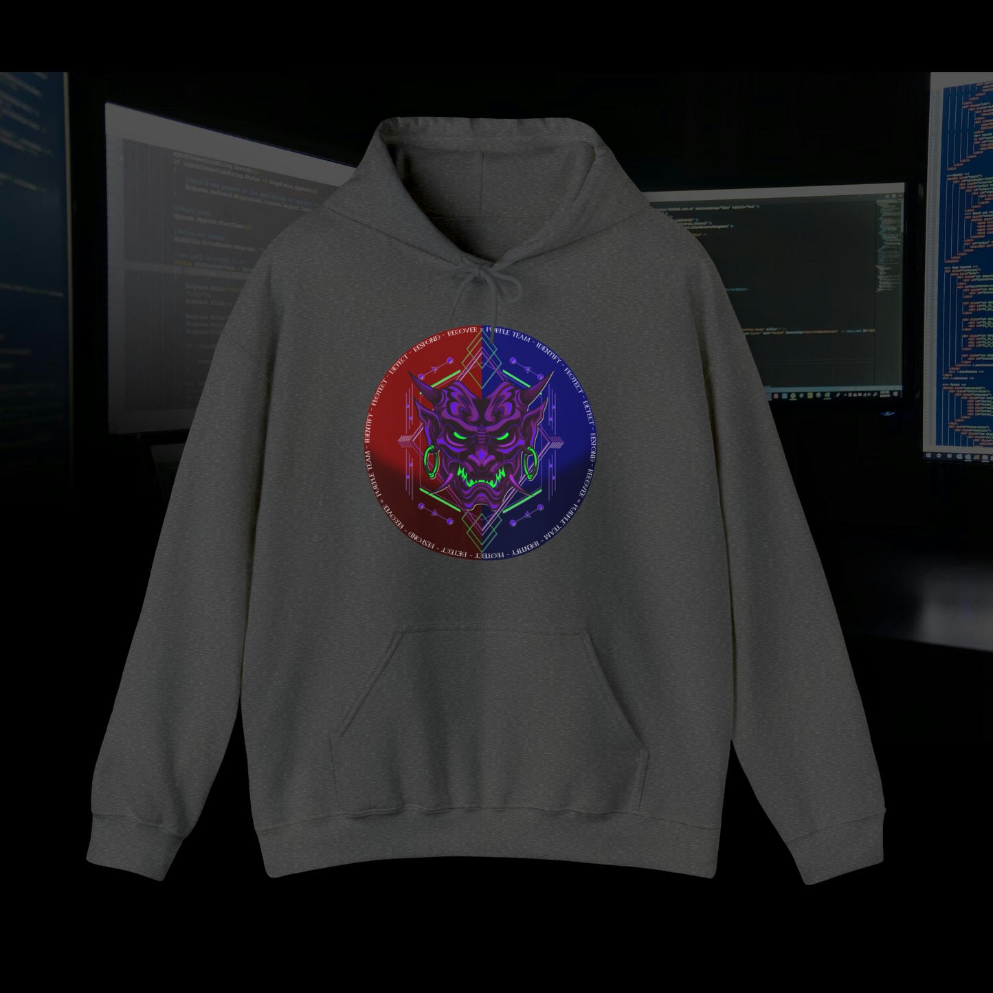 Dark grey hoodie with a purple oni demon mask in a red and blue circular background. White text around the circle "Identify, Protect, Detect, Respond, Recover" cybersecurity framework.