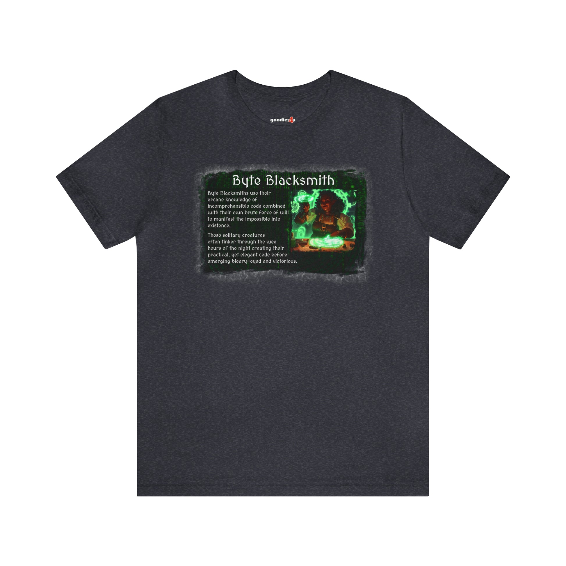 A heather navy  t shirt the text "Byte Blacksmith" on it. The primary graphic appears weathered and has an image of a dark complexioned female character in a workshop creating with magic. The RPG-style character description of a software developer as a Byte Blacksmith appears next to the image.