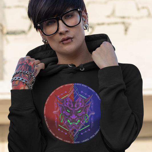 Woman wearing a black hoodie with a purple oni demon mask in a red and blue circular background. White text around the circle "Identify, Protect, Detect, Respond, Recover" cybersecurity framework.